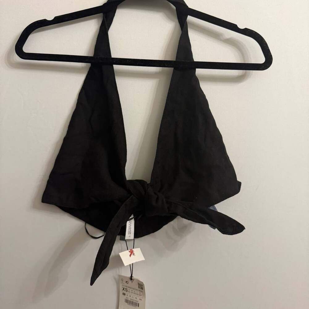 Zara Halter Top Size XS Black Tie Front Cropped #0781